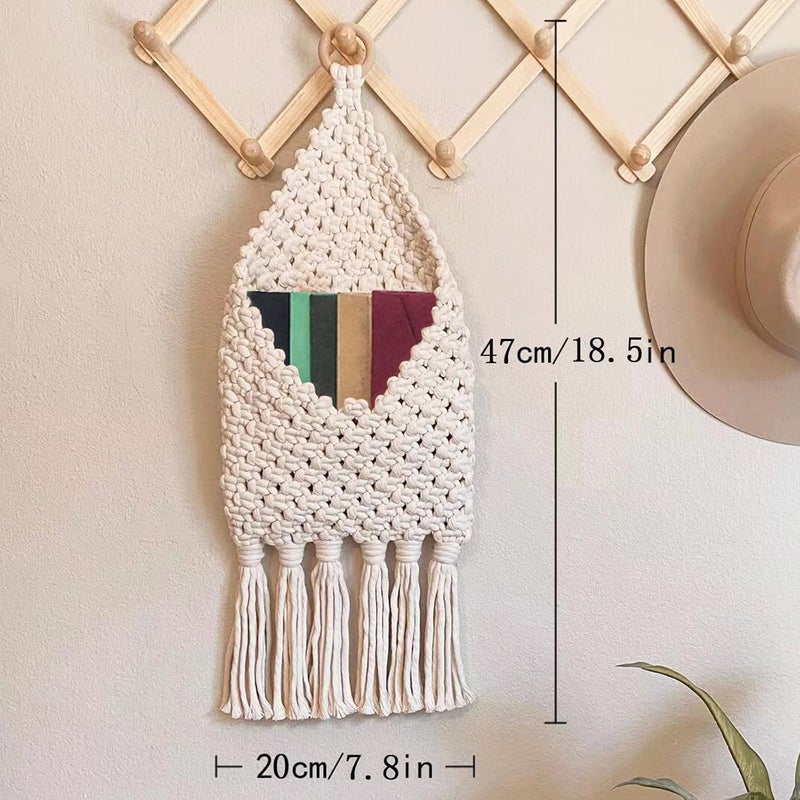 D-werack Macrame Mail Organizer Wall Mounted, Handmade Hanging Woven Basket for Boho Home Office Decor, Over the Door Key Letter Envelope File Holder for Entryway Hallway, White - Image 5